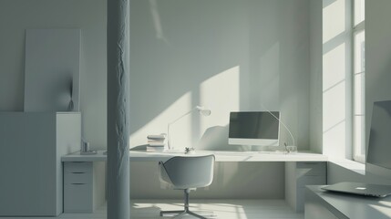 Elegant minimalist design featuring a white desk and sparse decor.