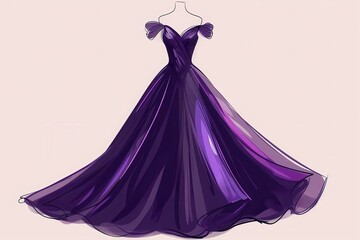 Naklejka premium Elegant illustration of a stunning purple gown with off-shoulder sleeves, perfect for a formal evening event or prom night.