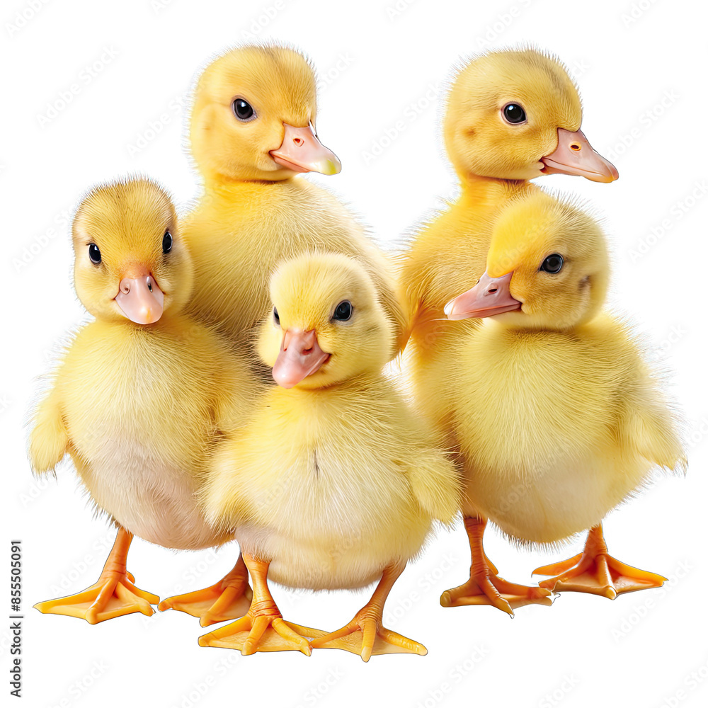 Poster a group of five small, yellow ducklings are standing together on a white background. they are all fa