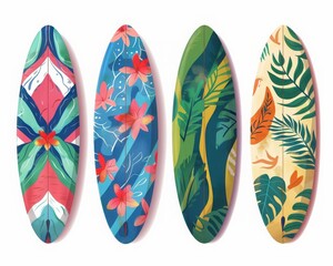 Set of four colorful surfboards with vibrant floral and tropical designs, perfect for beach and summer themes.