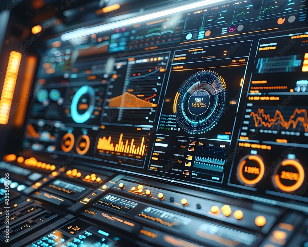 Poster futuristic digital dashboard with business metrics and networking concepts in corporate setting