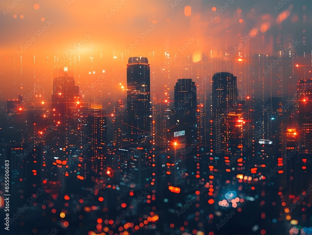 Poster glowing cityscape representing interconnected digital communication networks in business