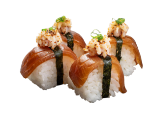 Bite sized pieces of brown rice sushi topped with smoked salmon