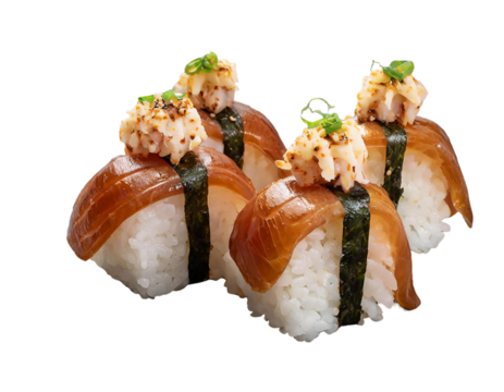 Bite sized pieces of brown rice sushi topped with smoked salmon