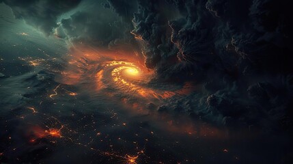 Fototapeta premium A dramatic aerial view of a powerful storm with a light vortex and lightning illuminating the dark clouds over a city at night.
