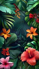 Lush Tropical Foliage and Vibrant Exotic Flower Pattern Frame Background