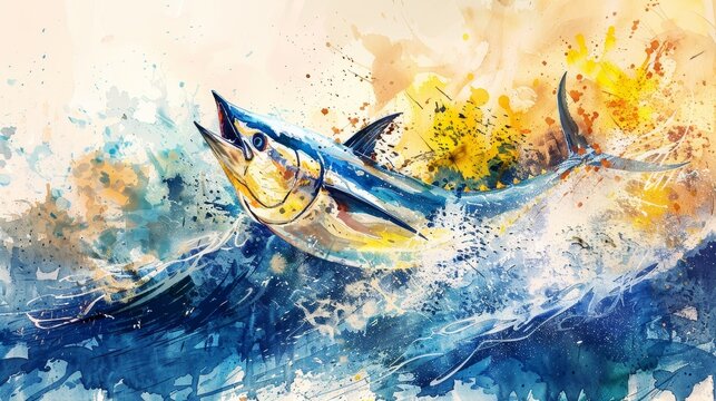 Exciting scene of tuna fish jumping out of the sea, with dramatic waves and colorful splashes, beautifully painted in watercolor