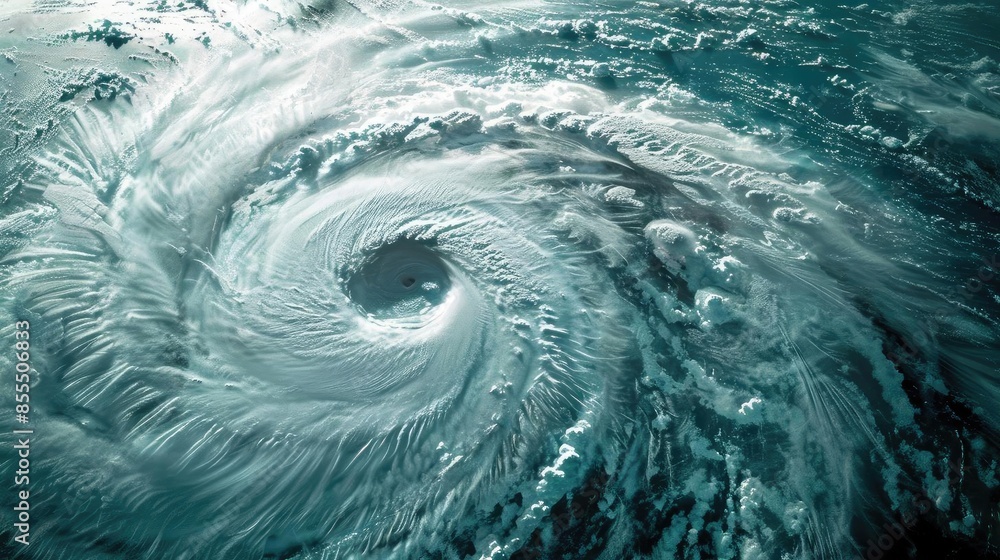 Poster aerial view of a powerful hurricane's eye displaying swirling clouds and intense weather patterns ov
