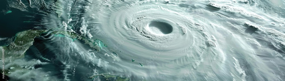 Poster aerial view of a massive hurricane swirling over the ocean with its well-defined eye and powerful ro