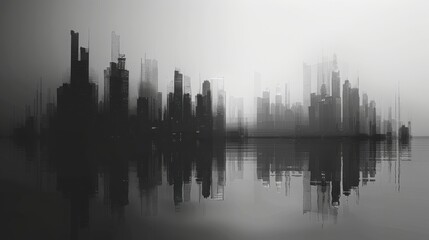 Fototapeta premium Abstract city skyline in monochrome with a foggy atmosphere, reflecting on serene water, creating a mysterious and artistic visual effect.
