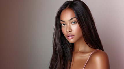 Naklejka premium beautiful light brown skin young woman with long straight hair, editorial photo