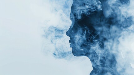 Abstract silhouette of a face enveloped in smoke, creating a mysterious and ethereal visual effect with blue tones.