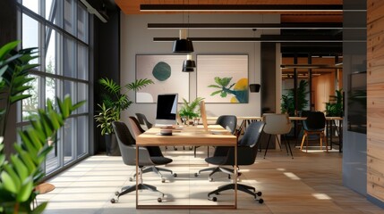 Fototapeta premium A modern office with a large window and a painting on the wall. The room is filled with plants and has a lot of natural light. The chairs are black and the desks are made of wood