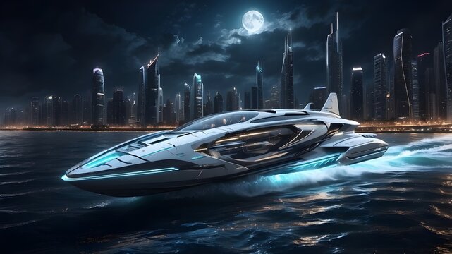 Futuristic speedboat cutting through water under night sky, nighttime thrill: Futuristic speedboat slices through water, sleek futuristic speedboat navigating waters by night, speedboat of the future 