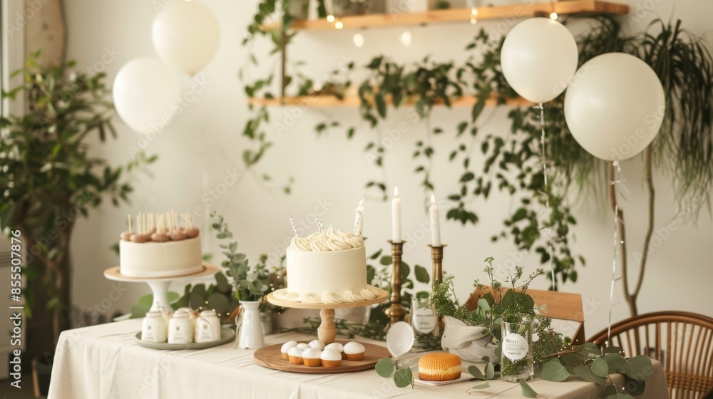Poster a white table with a cake and cupcakes on it. there are also candles on the table