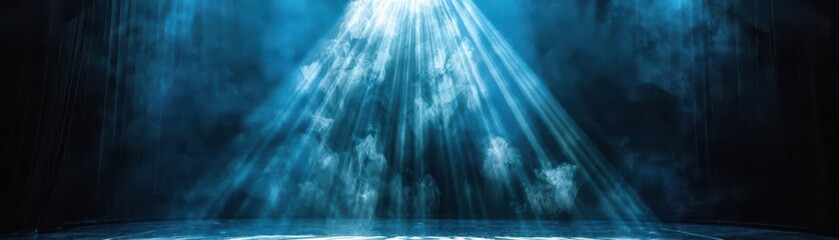 Fototapeta premium Spotlight shining down on center stage, single beam of light, highlighting the performance, dramatic and focused