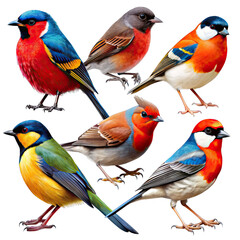 Six unique birds with bright plumage are shown against a white background. Facing forward with wings folded, they display a mix of vibrant colors. Generative AI