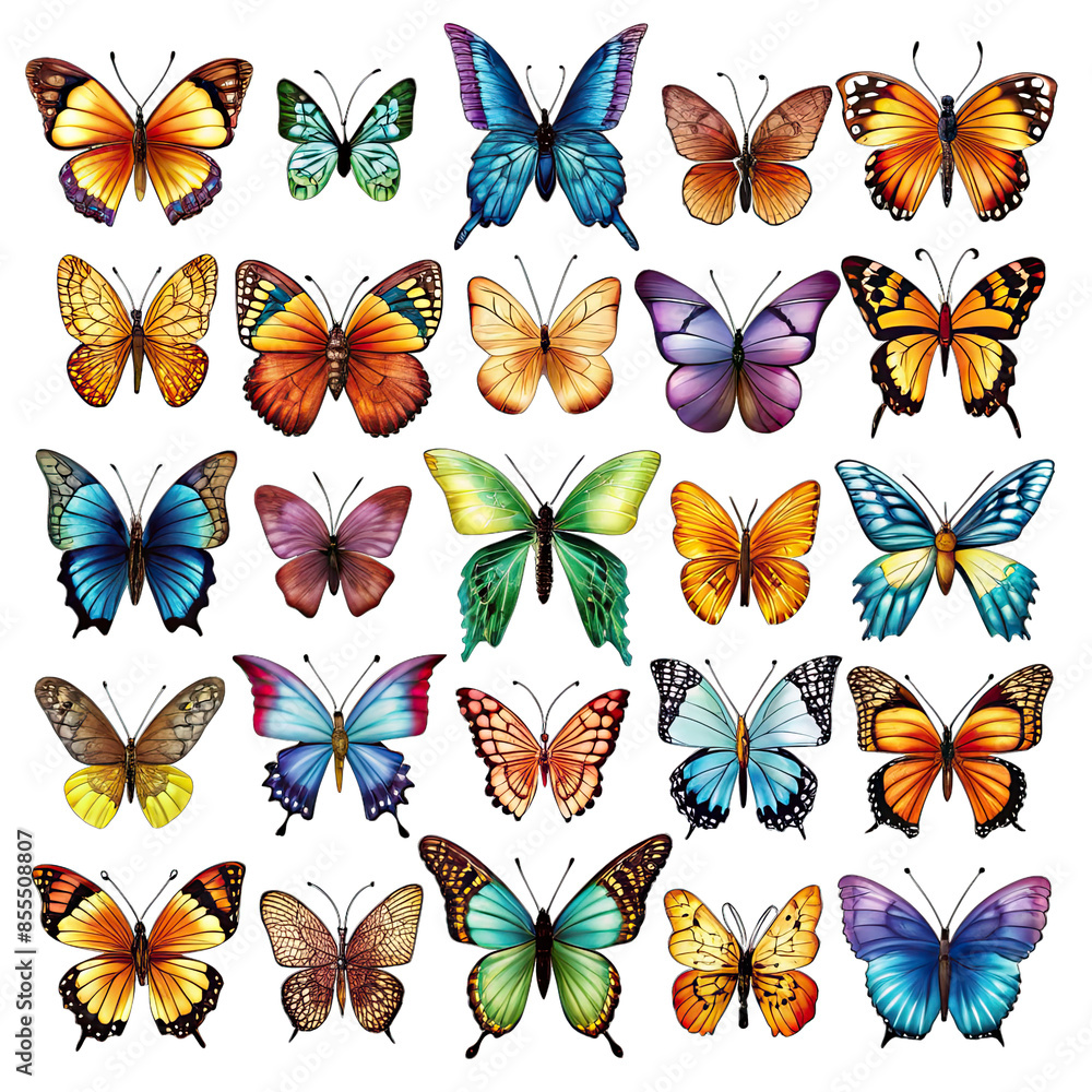 Poster a collection of 24 colorful butterflies with transparent backgrounds. generative ai