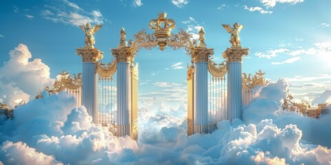 Heavenly Golden Gates Amidst Clouds. Majestic golden gates with intricate details and angel statues, set against a backdrop of fluffy clouds and a bright blue sky.