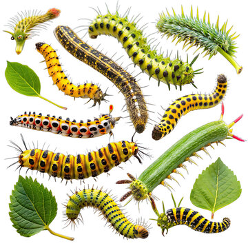 A display of colorful caterpillars on a white background highlights their intricate details and vibrant colors, showcasing the diversity of these insects. Generative AI