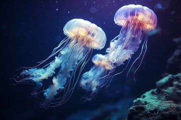 Mesmerizing image two glowing jellyfish drifting gracefully deep blue ocean, illuminated soft underwater light.