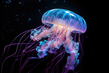 Fototapeta premium Vibrant bioluminescent jellyfish floating gracefully in the dark ocean, with glowing tentacles and a mesmerizing blue and purple hue.