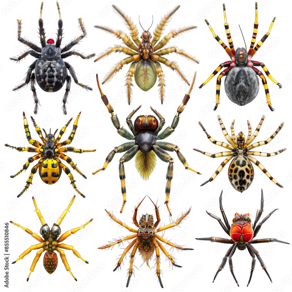 Aufkleber a collection of nine spiders, each with distinct markings and web patterns, isolated on a transparen