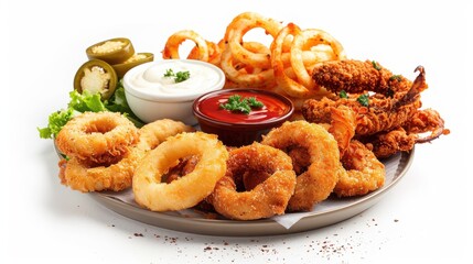 Assorted fried appetizers including onion rings, jalapenos, and chicken tenders served with dipping sauces on a plate.