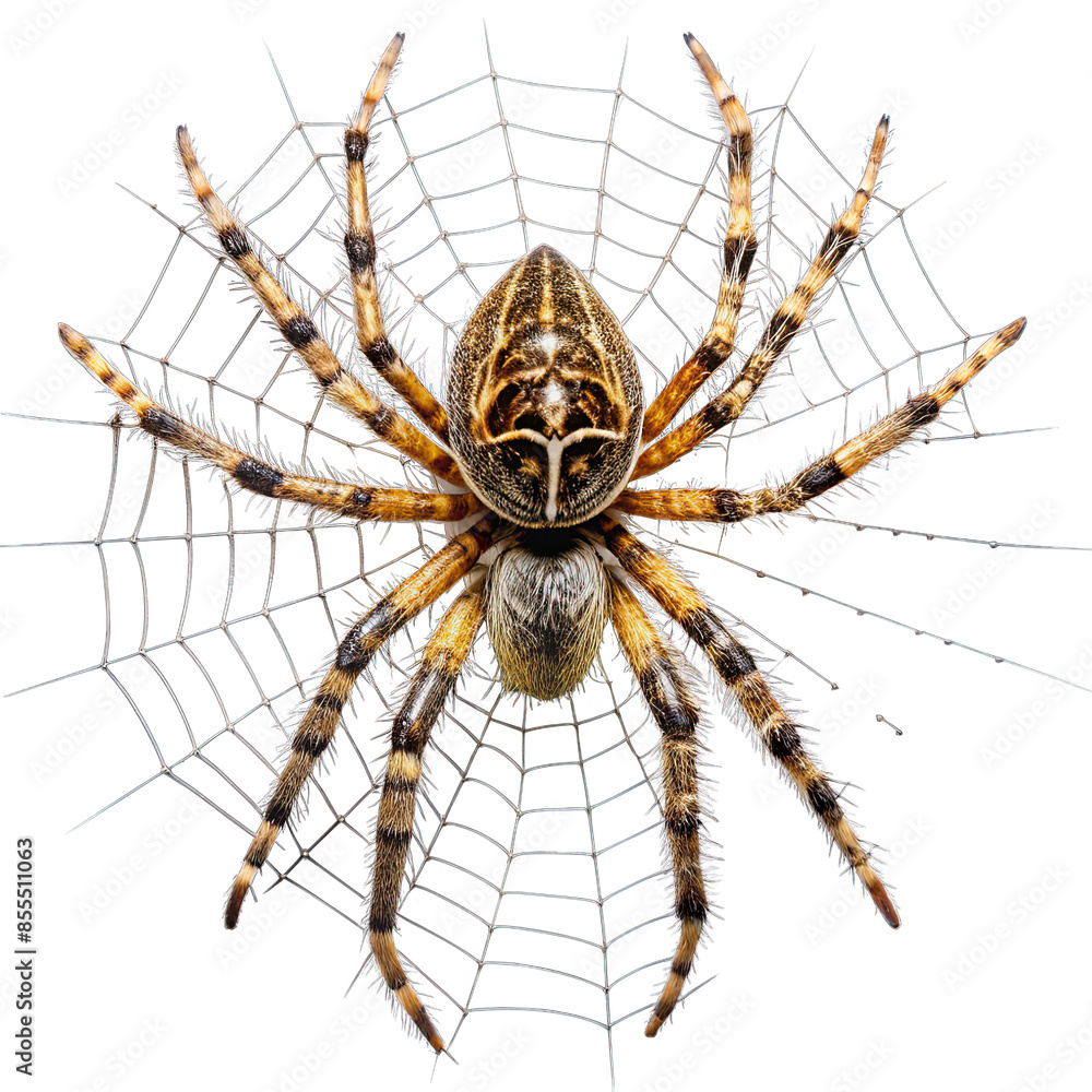 Poster a close-up image of a brown spider in a web, isolated on a white background. the spider is facing th