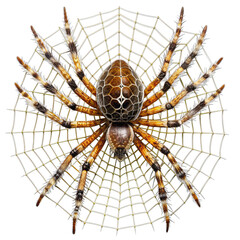 Obraz premium A brown spider with intricate markings sits in the center of its web, legs outstretched against a black background. Generative AI