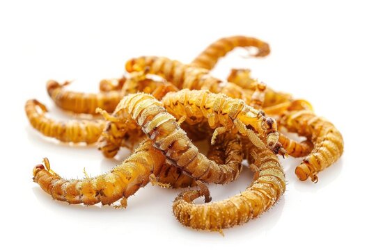 Close-up of dried mealworms on white background. High-protein insect snack or pet food source, showcasing texture and detail.