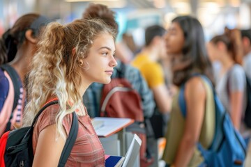 Young female student with backpack and books in hand looking ahead in a busy school hallway with others around her.