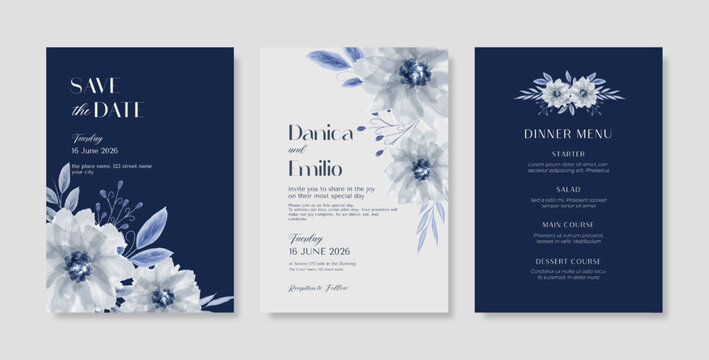 Beautiful wedding invitation template with floral watercolor