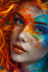Closeup vibrant portrait of a woman with colorful makeup, celebrating beauty and fashion, exuding joy and creativity with a splash of bright colors on her face.