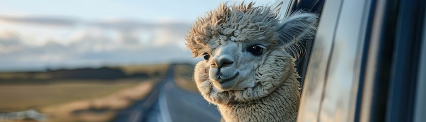 Obraz premium Alpaca Looking Out Car Window.