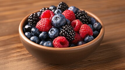 A bowl of fresh assorted berries including blueberries, raspberries, and blackberries on a wooden table. Vibrant, healthy, and nutritious fruit.