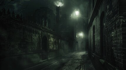 Fototapeta premium Grungy vintage street at night, dim and quiet, limited visibility, creating an atmosphere of eerie stillness