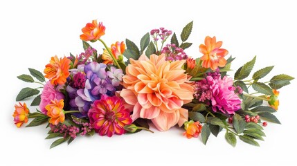 A vibrant floral arrangement with various colorful flowers and lush green leaves, perfect for decorating and brightening any space.