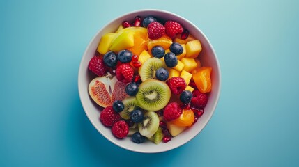 High-detail top-down view of a fruit salad bowl, split-complementary color harmony, raw style, vivid and precise fruit depiction