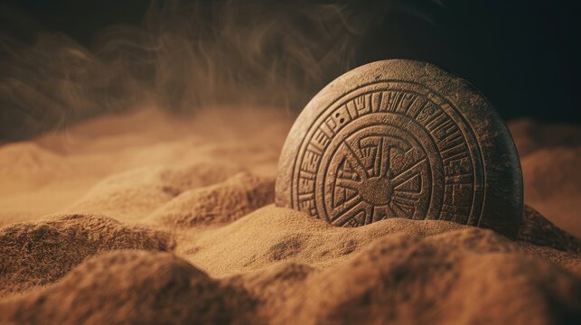 Ancient stone disk partially buried in desert sand, illuminated by soft light, highlighting intricate carvings and mysterious symbolism.
