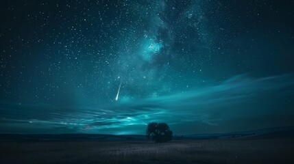 Mesmerizing meteor turquoise streaking across a serene night sky, illuminating the landscape below with a mystical glow
