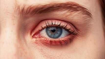 Obraz premium Close-up of a blue eye with detailed eyelashes and eyebrow, showing unique characteristics and textures.