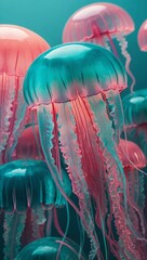 A close-up view of several jellyfish, their translucent bodies glowing in shades of teal and pink against a dark blue background
