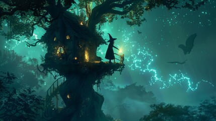 Mystical treehouse in a dark forest, little witch casting spells, magical creatures and bioluminescent plants illuminating the scene