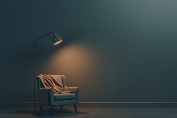 Cozy armchair in a dimly lit room with a floor lamp casting a warm glow. Perfect for relaxation and reading sessions.