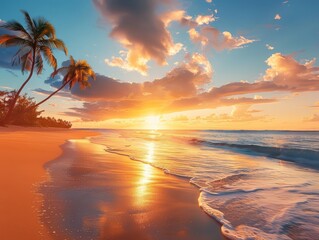 Warm summer glow on beach, fiery orange dusk sky