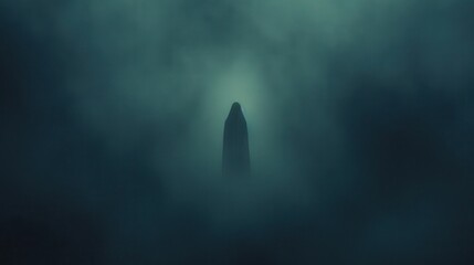 Eerie foggy landscape with a mysterious silhouetted figure emerging from the mist. Dark and atmospheric scene evoking suspense and intrigue.