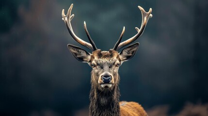 Fototapeta premium Red Deer Stag Portrait in the Rain.