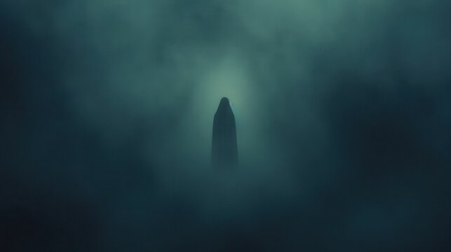 Eerie foggy landscape with a mysterious silhouetted figure emerging from the mist. Dark and atmospheric scene evoking suspense and intrigue.