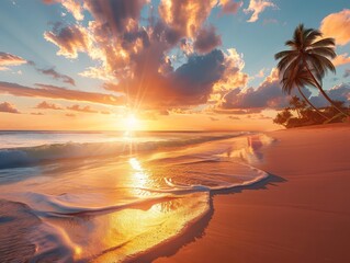 Fiery orange sky, dusk melts into ocean, warm beach